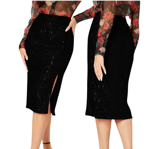 Aofany Sequin Buttock Skirts for Woman Solid Color Zipper Skirt High Waist Slit Package Hip Skirt