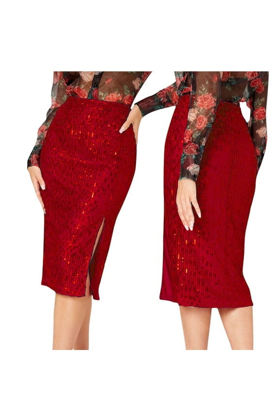 Sequin Buttock Skirts for Woman Solid Color Zipper Skirt High Waist Slit Package Hip Skirt