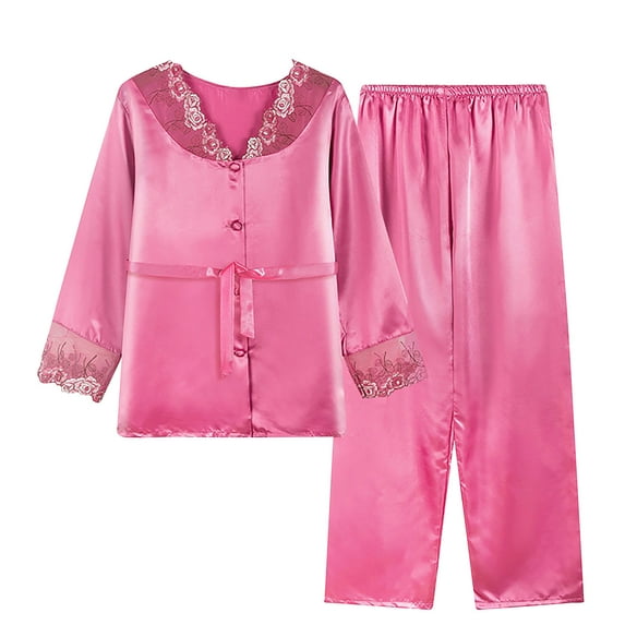 Aofany Silk Satin Pajama Set for Women Lace Trim Button Sleepwear Two Piece Set Nightwear Loungewear Suit