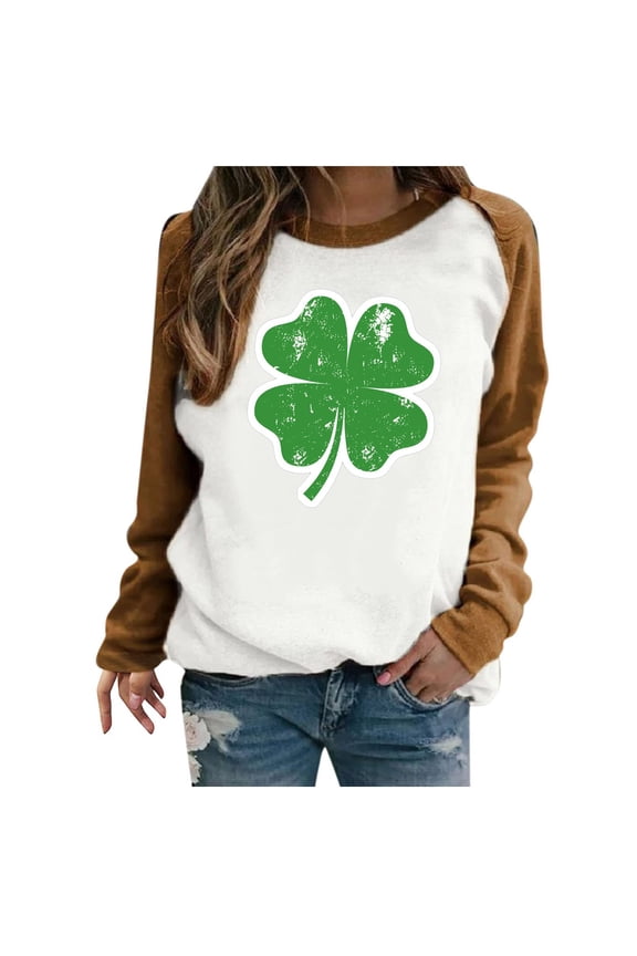 St Patricks Day Shirt for women Spring Patchwork St. Patrick's Day Printed Long Sleeves Round Neck Casual Tee Tops