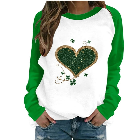 Aofany St Patricks Day Shirt for women Spring Patchwork St. Patrick's Day Printed Long Sleeves Round Neck Casual Tee Tops