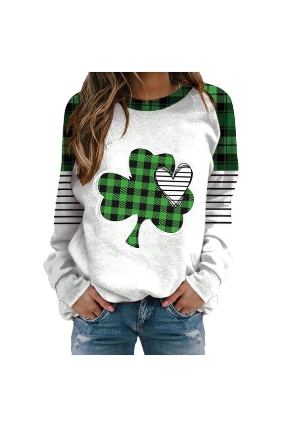 St Patricks Day Shirt for women Spring Patchwork St. Patrick's Day Printed Long Sleeves Round Neck Casual Tee Tops