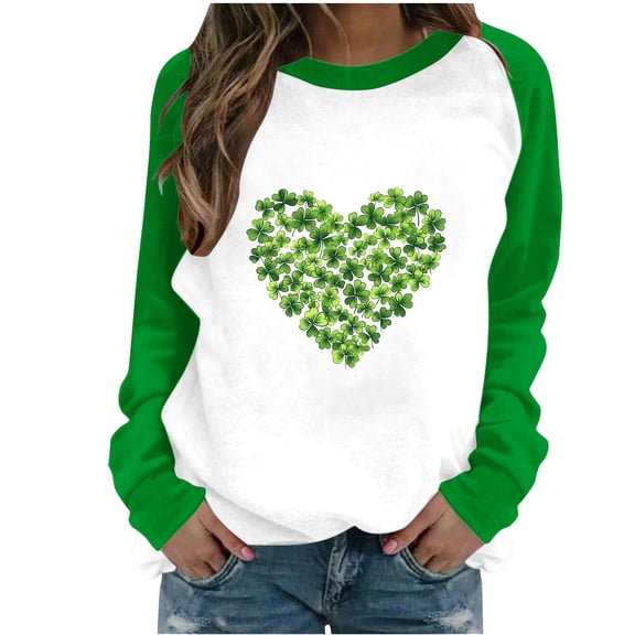 Aofany St Patricks Day Shirt for women Spring Patchwork St. Patrick's Day Printed Long Sleeves Round Neck Casual Tee Tops