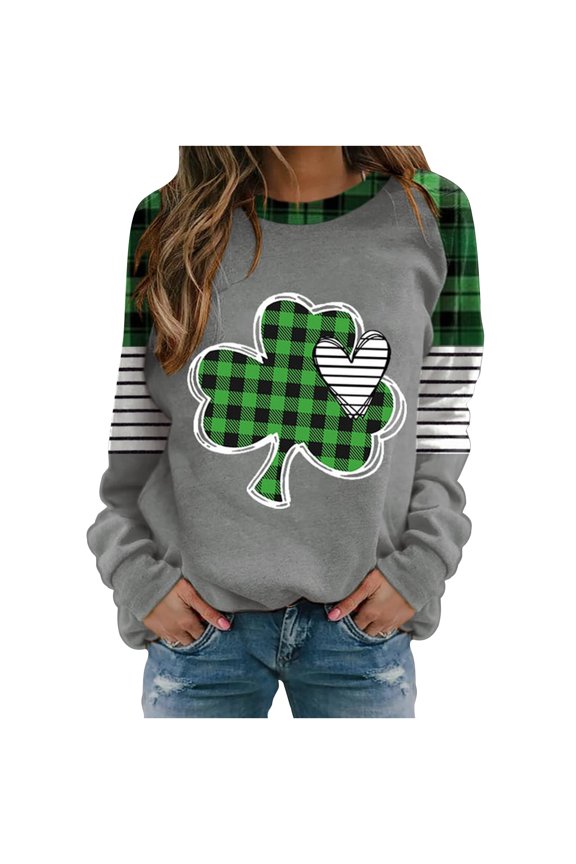 St Patricks Day Shirt for women Spring Patchwork St. Patrick's Day Printed Long Sleeves Round Neck Casual Tee Tops