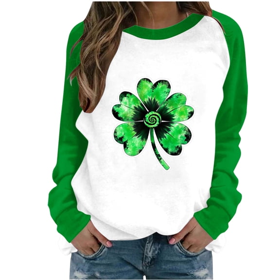 Aofany St Patricks Day Shirt for women Spring Patchwork St. Patrick's Day Printed Long Sleeves Round Neck Casual Tee Tops