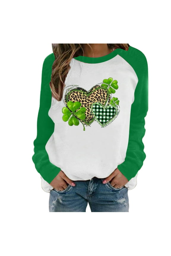 St Patricks Day Shirt for women Spring Patchwork St. Patrick's Day Printed Long Sleeves Round Neck Casual Tee Tops