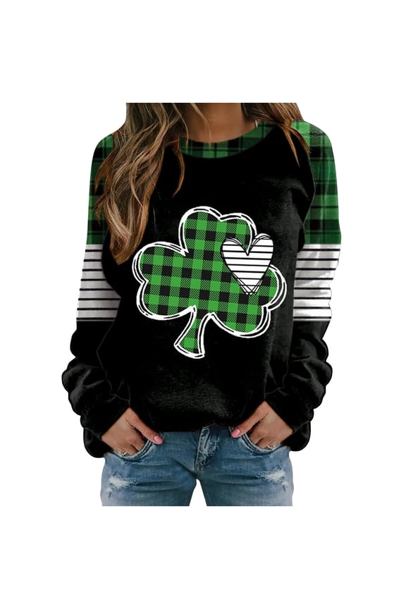 St Patricks Day Shirt for women Spring Patchwork St. Patrick's Day Printed Long Sleeves Round Neck Casual Tee Tops