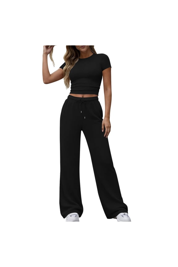 Summer 2 Piece Outfit Set for Women Ruched Short Sleeve Tops and Wide Leg Pants with Pockets Casual Tracksuit Sets Ladies Loungewear