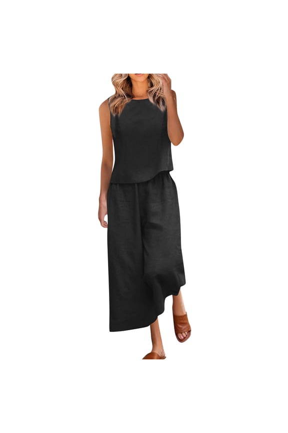 Summer 2 Piece Outfits for Women Linen Set Casual Loose Crew Neck Sleeveless Tank Tops High Waisted Cropped Wide Leg Pants Sets Two Piece Loungewear Suit