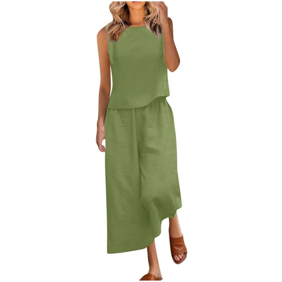 Aofany Summer 2 Piece Outfits for Women Linen Set Casual Loose Crew Neck Sleeveless Tank Tops High Waisted Cropped Wide Leg Pants Sets Two Piece Loungewear Suit