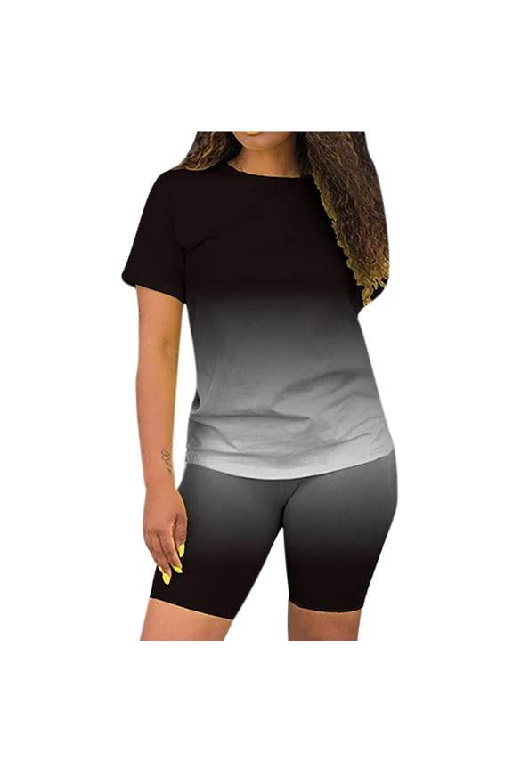 Summer 2pcs Outfits for Women Short Sleeve T-Shirts Bodycon Pants Shorts Set Gradient Color Tracksuit Sportwear
