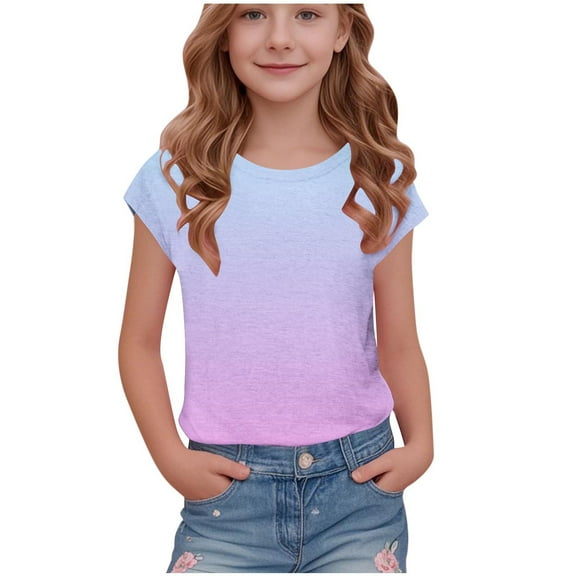 Aofany Summer T-Shirts for Girls Casual Short Sleeve Tops Gradient Round Neck Tees Tops Size 5-15 Years
