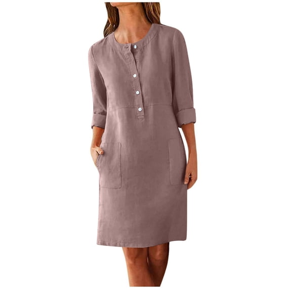 Aofany Summer Dresses for Women Cotton Linen Crew Neck Short Sleeve Casual Front Button Dresses with Pockets