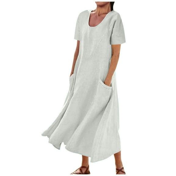 Aofany Summer Dresses for Women Plus Size Loose Fit Cotton Linen Dresses with Pockets for Beach Vacation Short Sleeve Flowy Casual Maxi Dresses