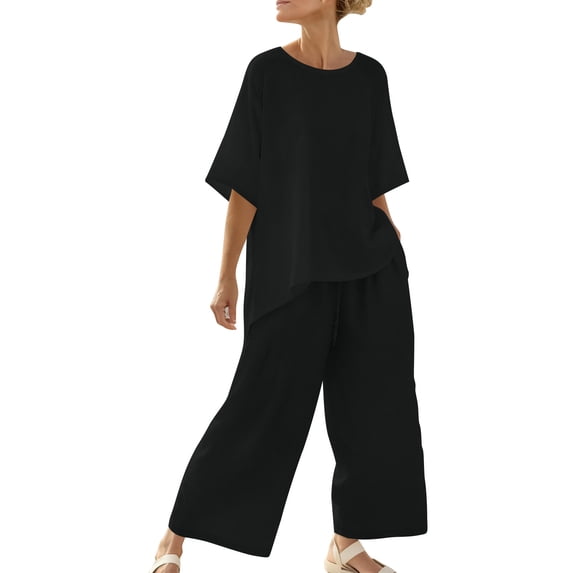 Aofany Summer Outfits for Women 2 Piece Linen Set Crew Neck Casual T Shirts Wide Leg Pants Sets Beach Outfits Plus Size Two Piece Outfits