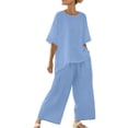 thumbnail image 1 of Aofany Summer Outfits for Women 2 Piece Linen Set Crew Neck Casual T Shirts Wide Leg Pants Sets Beach Outfits Plus Size Two Piece Outfits, 1 of 5