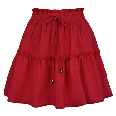 Aofany Summer Skirt for Women Boho Elastic High Waist Solid Color Ruffle A Line Swing Skirts Casual Beach Short Mini Skirt