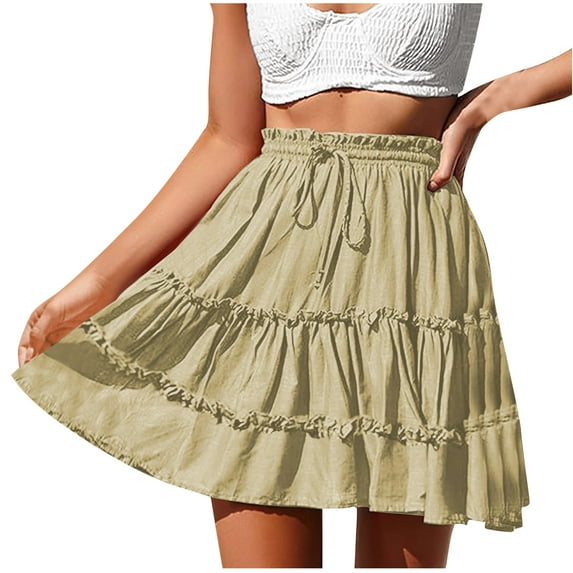 Aofany Summer Skirt for Women Boho Elastic High Waist Solid Color Ruffle A Line Swing Skirts Casual Beach Short Mini Skirt