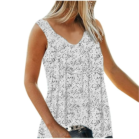Aofany Summer Womens Plus Size Tank Tops V Neck Casual Flowy Sleeveless Shirts Printed Blouse