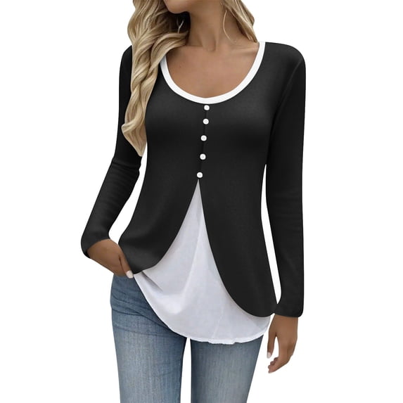 Aofany T Shirts for Women Crew Neck Long Sleeve Womens Pullover Shirts Casual Plus Size Color Block Fall Tops