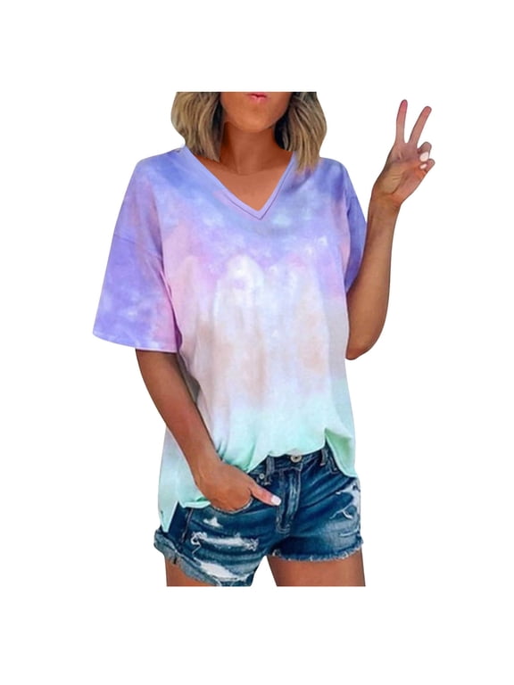 T Shirts for Women V Neck Summer Tops Short Sleeve Loose Plus Size Tees Casual Gradient Basic Tee Shirts