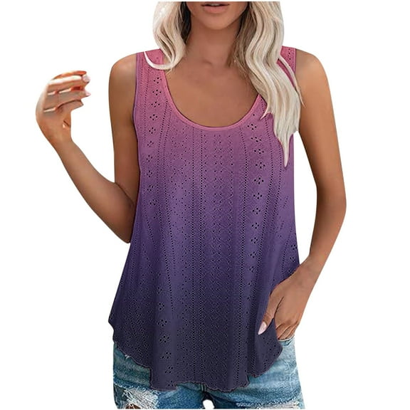 Aofany Tank Tops for Women Summer Sleeveless Gradient Blouse Eyelet Embroidery Flowy Shirts Scoop Neck Loose Tunic Tops