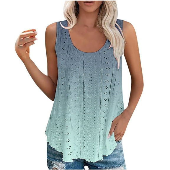 Aofany Tank Tops for Women Summer Sleeveless Gradient Blouse Eyelet Embroidery Flowy Shirts Scoop Neck Loose Tunic Tops