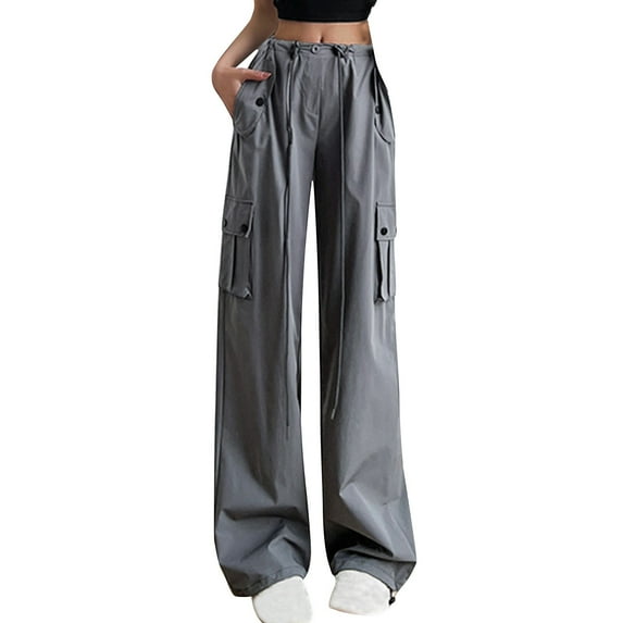 Aofany Teen Girls Cargo Pants With Pockets Parachute Pants For Women Y2K Baggy Drawstring Streetwear Trendy Pants