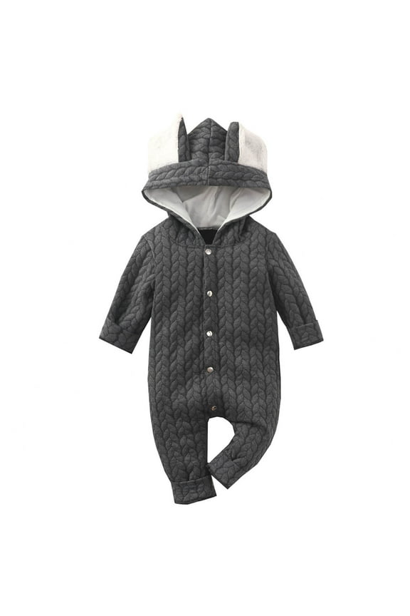 Toddler Baby Boys Girls Solid Color Cute Rabbit Ears Winter Thick Keep Warm Button Jumpsuit Romper