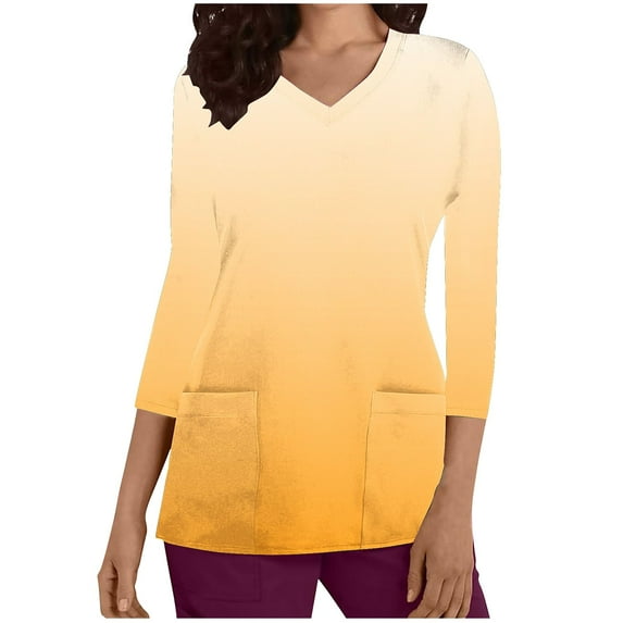 Aofany Top for Women, Scrubs Tops with Pocket for Women, 3/4 Sleeve V-neck Nurse Tops Gradient Working Uniform Blouse Working Tops
