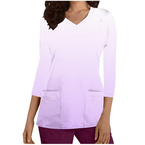 Aofany Top for Women, Scrubs Tops with Pocket for Women, 3/4 Sleeve V-neck Nurse Tops Gradient Working Uniform Blouse Working Tops