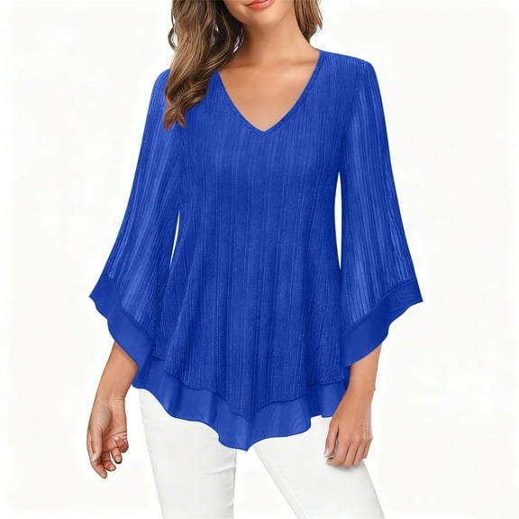 Aofany Tops for Women 3/4 Sleeve Casual V Neck Solid Color Blouses Loose Fall Sparkling Chiffon Shirts