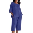 thumbnail image 1 of Aofany Two Piece Sets for Women Solid 2 Piece Outfits Cotton Linen Plus Size Crew Neck 3/4 Sleeve Tops Elastic Waist Capri Pants Lounge Sets, 1 of 4