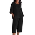 thumbnail image 1 of Aofany Two Piece Sets for Women Solid 2 Piece Outfits Cotton Linen Plus Size Crew Neck 3/4 Sleeve Tops Elastic Waist Capri Pants Lounge Sets, 1 of 4