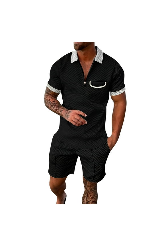 Two Piece Short Outfits Men Color Block Tracksuits Sport Summer Short Sleeve and Shorts Set for Men