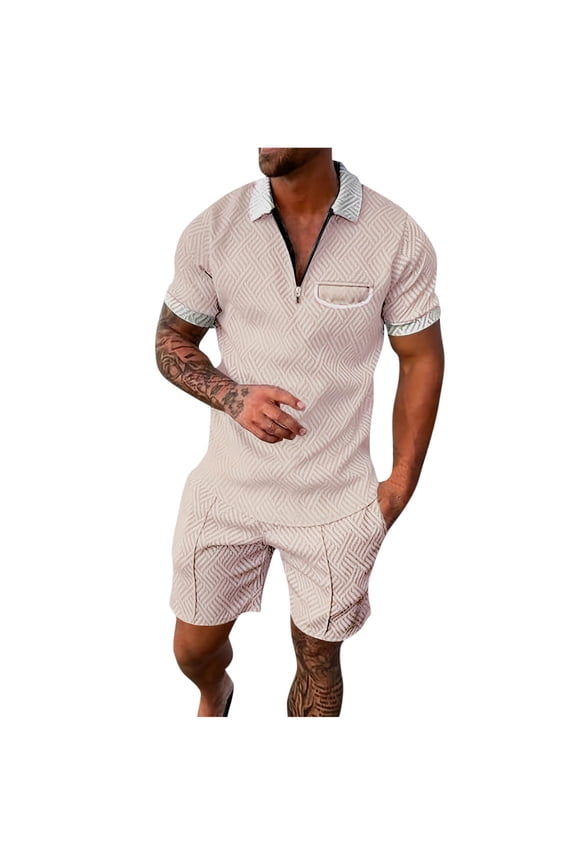 Two Piece Short Outfits Men Color Block Tracksuits Sport Summer Short Sleeve and Shorts Set for Men