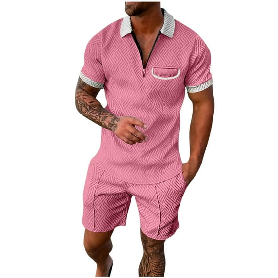 Aofany Two Piece Short Outfits Men Color Block Tracksuits Sport Summer Short Sleeve and Shorts Set for Men