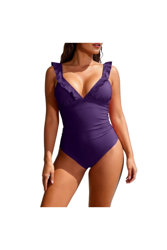 V Neck One Piece Swimsuits with Ruching Bathing Suits Tummy Control Beach Swimwear for Women