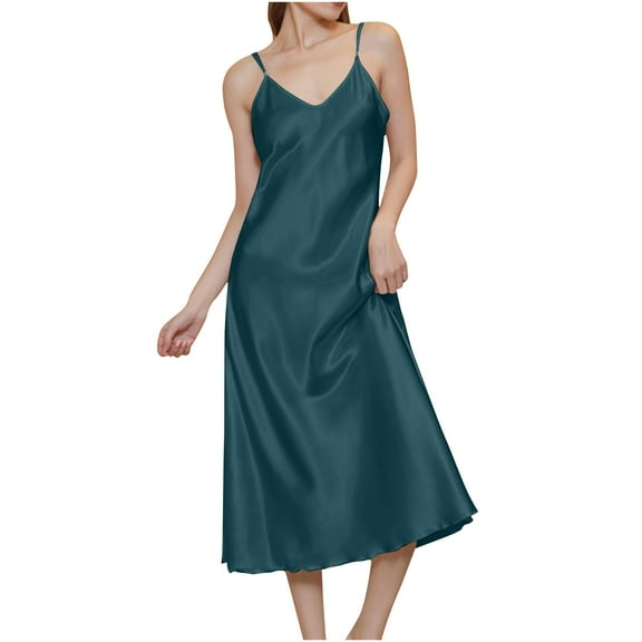 Aofany V Neck Silk Nightgowns for Women Sexy Satin Chemise Lingerie Sleepwear Silk Slip Nightdress Elegant Spaghetti Strap Midi Dress
