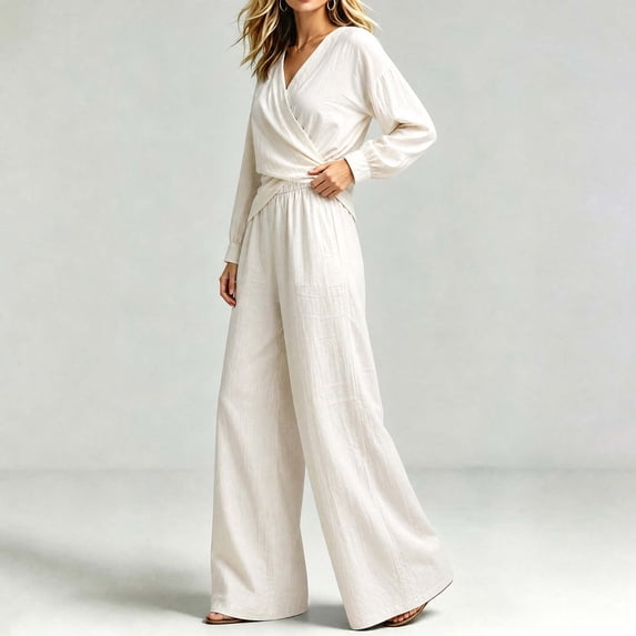 Aofany Vacation Outfits for Women 2 Piece Set Fall Casual Matching Clothes Long Sleeve V Neck Tummy Control Top and Wide Leg Pants with Pockets
