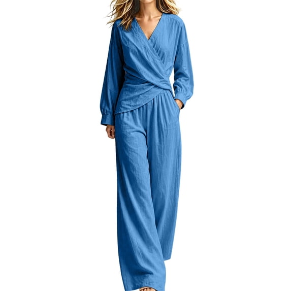 Aofany Vacation Outfits for Women 2 Piece Set Fall Casual Matching Clothes Long Sleeve V Neck Tummy Control Top and Wide Leg Pants with Pockets