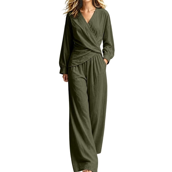 Aofany Vacation Outfits for Women 2 Piece Set Fall Casual Matching Clothes Long Sleeve V Neck Tummy Control Top and Wide Leg Pants with Pockets