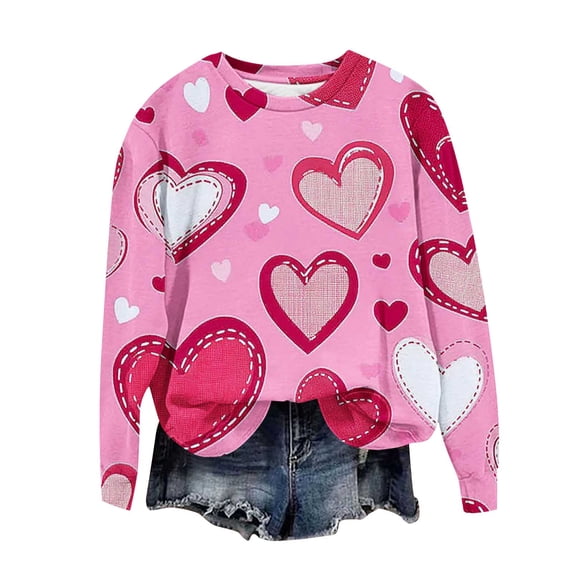 Aofany Valentine's Day Sweatshirt Women, Heart Print Sweatshirt, Crew Neck Long Sleeve Sweatshirts Ladies Casual Valentines Day Printed Long Sleeved Round Neck Tops