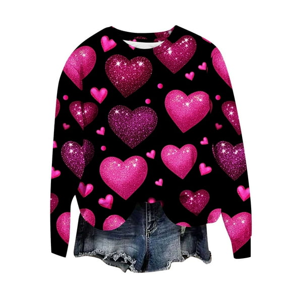 Aofany Valentine's Day Sweatshirt Women, Heart Print Sweatshirt, Crew Neck Long Sleeve Sweatshirts Ladies Casual Valentines Day Printed Long Sleeved Round Neck Tops