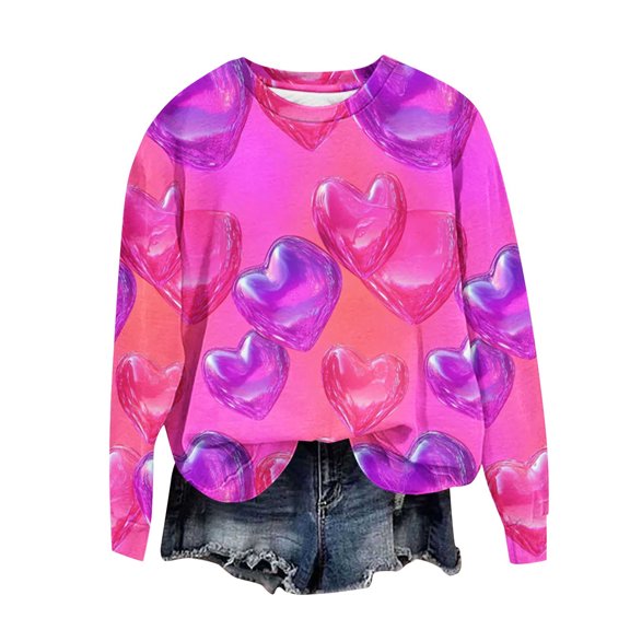 Aofany Valentine's Day Sweatshirt Women, Heart Print Sweatshirt, Crew Neck Long Sleeve Sweatshirts Ladies Casual Valentines Day Printed Long Sleeved Round Neck Tops