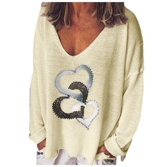 Aofany Valentines Day Love Heart Print T-Shirt for Women Long Sleeve Mother's Day Graphic Tees Tops Loose Casual V Neck Shirts