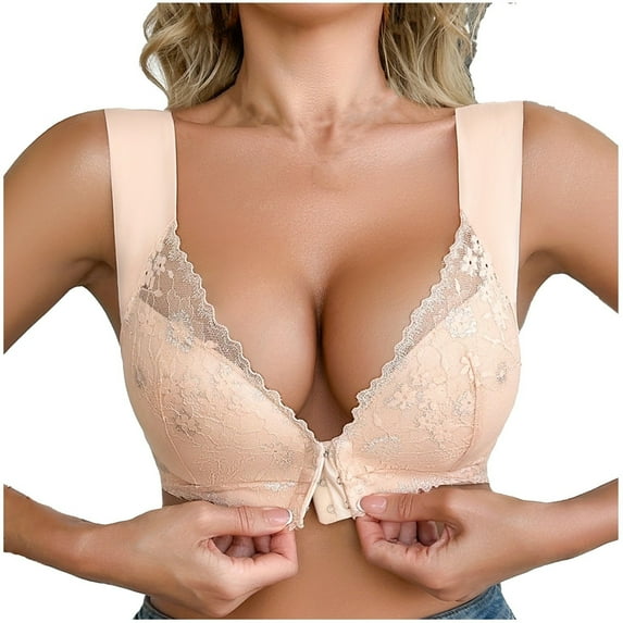 Aofany Wide Strap Comfortable Bra for Women Wireless Everyday Bras Front Closure Full Coverage Support Push Up V Neck Bras