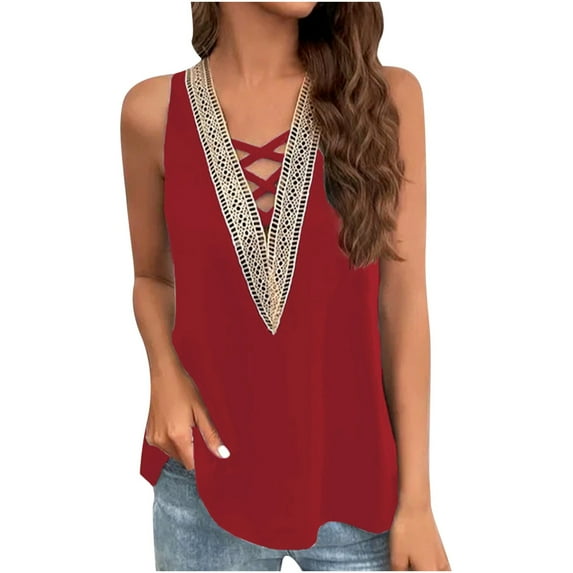 Aofany Woman Summer Leisure Tank Top Solid Color Fashion Loose Lace V-neck Sleeveless Blouse Sexy Comfortable Women T Shirt