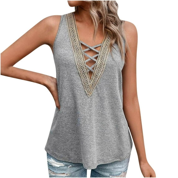 Aofany Woman Summer Leisure Tank Top Solid Color Fashion Loose Lace V-neck Sleeveless Blouse Sexy Comfortable Women T Shirt
