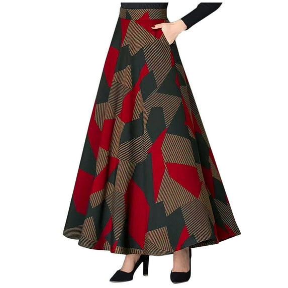 Aofany Women A-line Skirt Fashion Pocket Long Skirts High Waist Vintage Print Skirt
